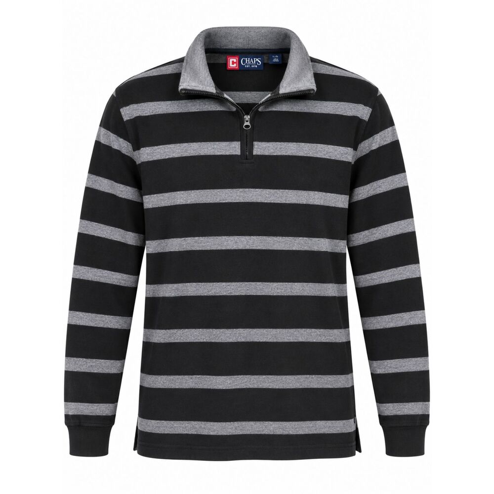 Chaps Black Gray Striped Quarter-Zip Long Sleeve Pullover Medium Preppy Classic